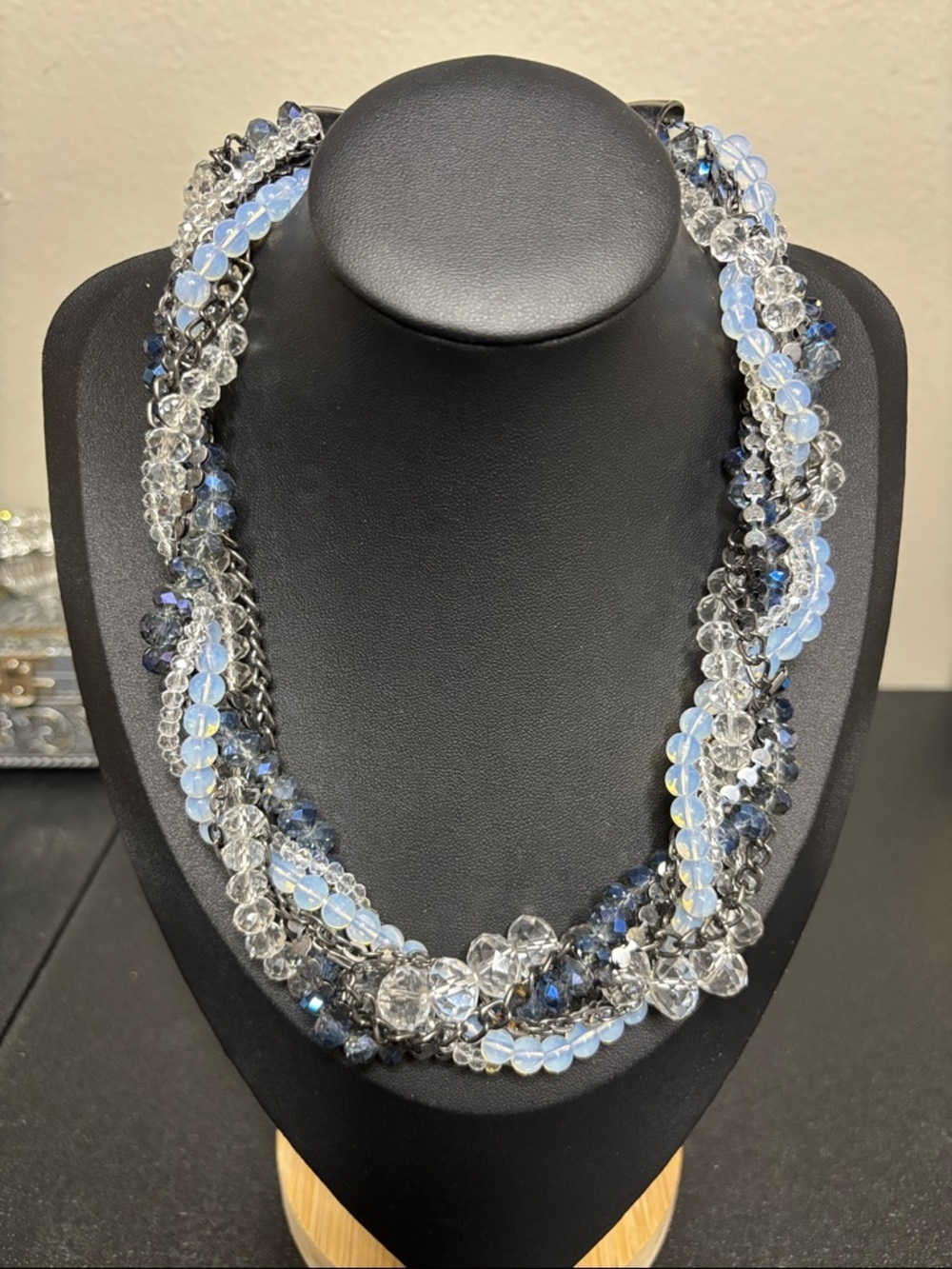 Loft Blue and Clear Multi-Strand Beaded Statement Necklace